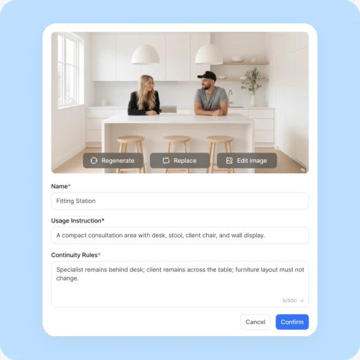 Visla Scenario-Based Video storyboard interface for reviewing characters and scenes before AI video generation